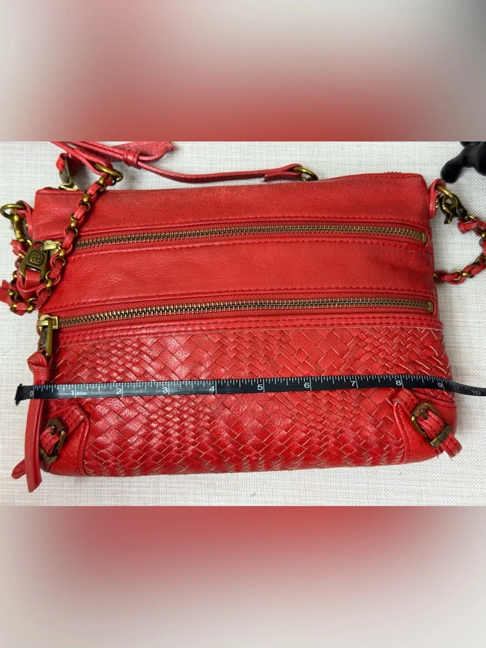 Red Woven Leather Crossbody Bag with Chain-Trim Strap